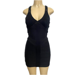 SKY Dress Mini Bandage Sleeveless V Neck Sheath Bodycon Black Embellished XS